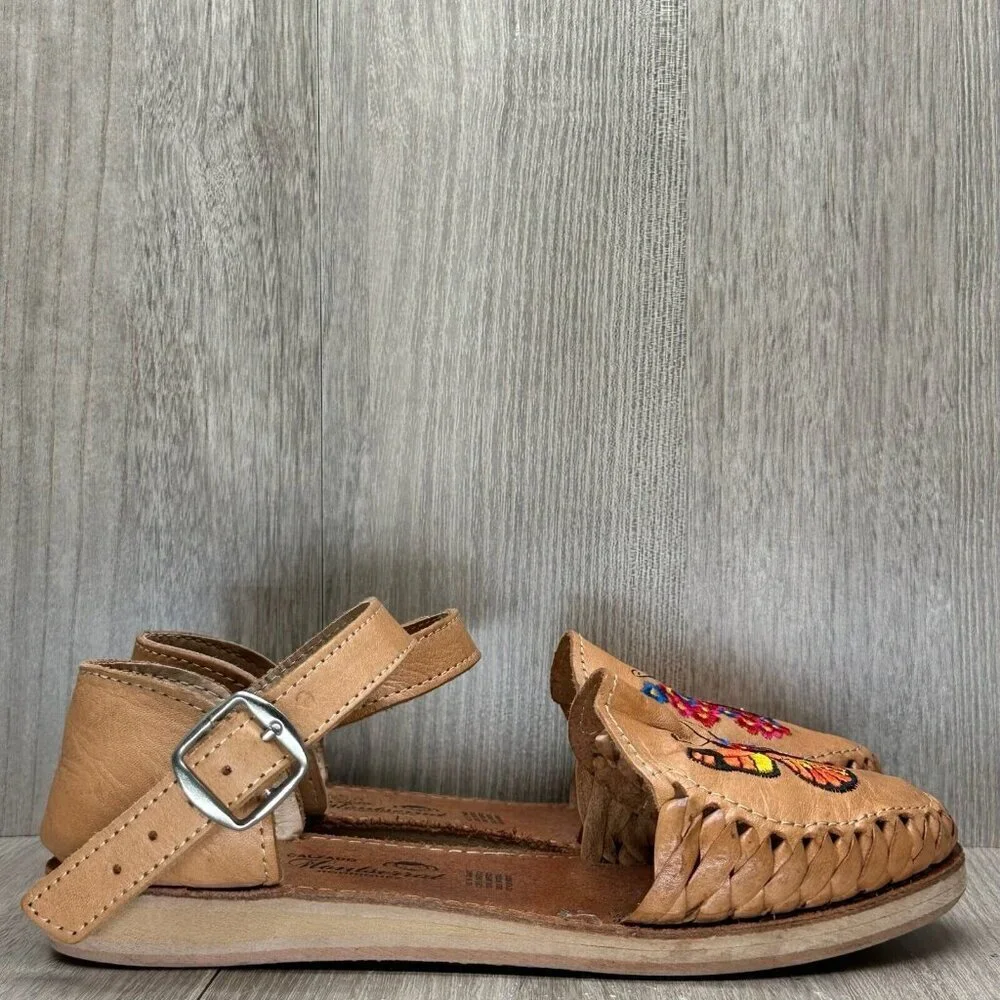 Montserrat Sandals Girls Size 6.5 Brown Leather Butterfly Embroidered Flat